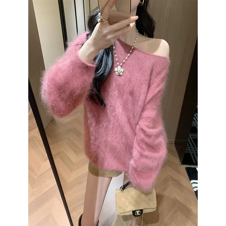 软糯减龄斜肩粉色毛衣女秋冬外穿宽松奶fufu针织上衣百搭短裤