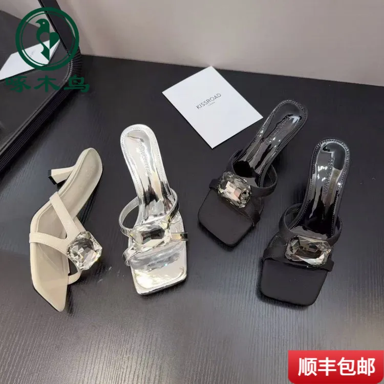 啄木鸟时尚百搭2025夏季新款交叉御姐细跟凉拖鞋外穿水钻性感配裙