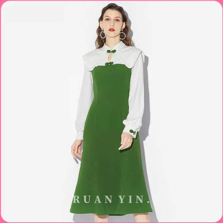 RUAN YIN2025秋季新款时尚覆古立领双层大翻领盘扣鱼尾提花旗袍式