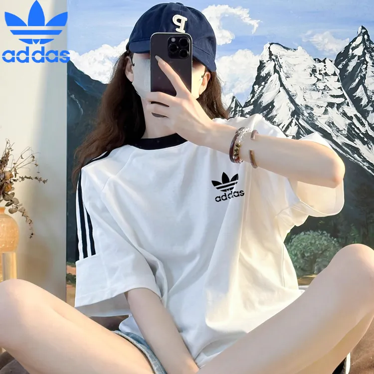 官方正品奥特莱斯美式印花三条杠短袖T恤女夏季百搭宽松纯棉上衣T