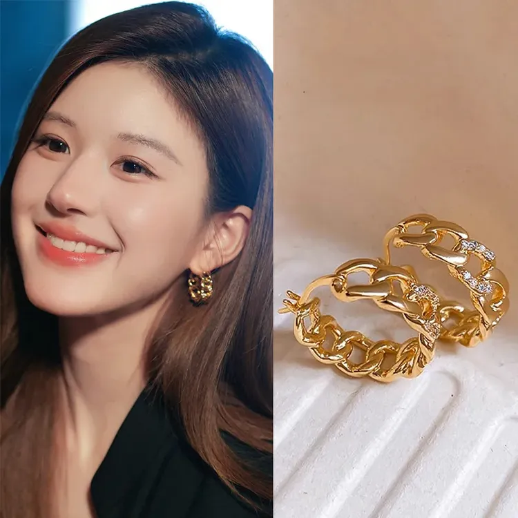 铜合金耳饰 许我耀眼赵露思同款金色链条耳环女轻奢气质耳圈耳扣