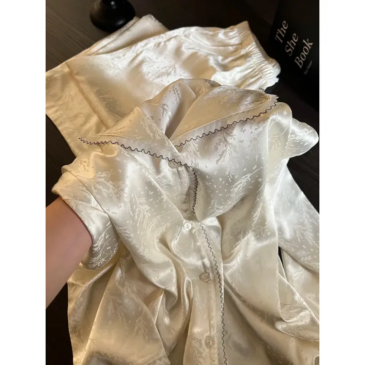 新中式蕾丝花边冰丝睡衣女夏季新款大码宽松长袖长裤家居服两件套