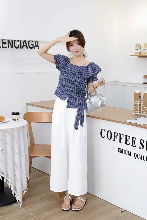 ASY/2025百搭上下套装【小个子】减龄夏季荷叶领格子两件套裤