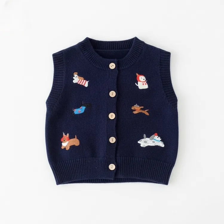 2025秋季新款男童女童针织马甲小狗刺绣韩版背心刺绣毛衣卡通图案