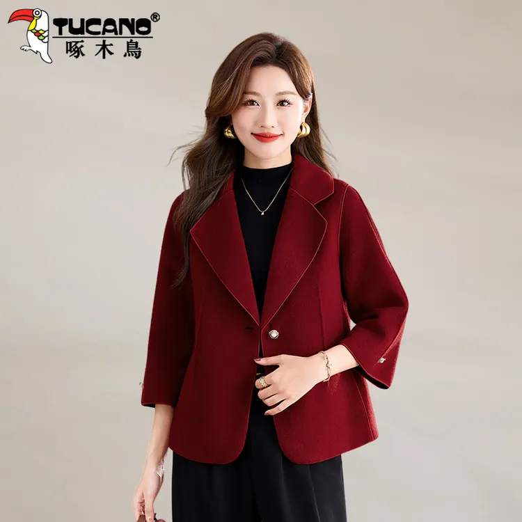 啄木鸟双面羊绒大衣女2025新款秋冬呢子外套女短款七分袖羊毛西装