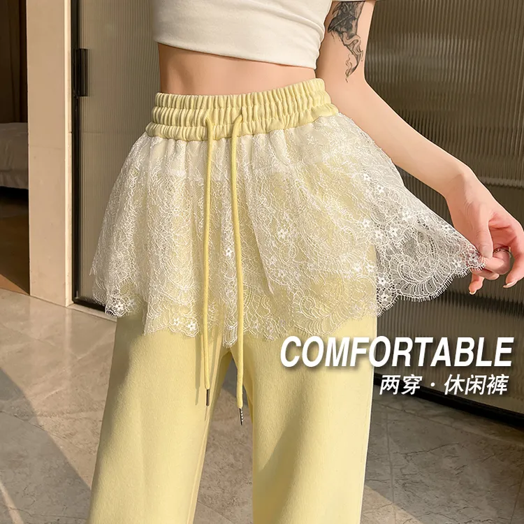 实拍蕾丝拼接休闲卫裤女2025春季辣妹甜酷直筒束脚阔腿裤运动长裤