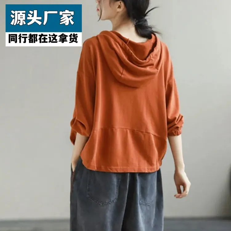 梵乐芬纯棉连帽薄卫衣女2025春秋新款文艺时尚休闲套头系带纯色长