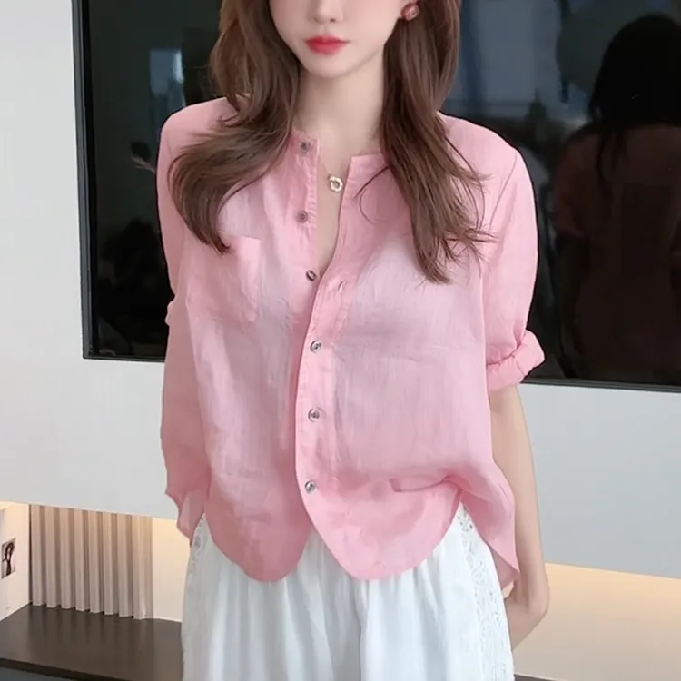 亚麻粉色衬衫女夏季2025洋气减龄宽松休闲显瘦设计感圆领中袖上衣