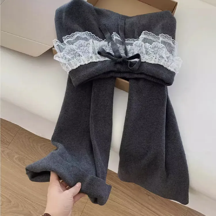 韩系蕾丝花边屁帘针织阔腿裤女秋冬新款慵懒风宽松显瘦垂感休闲裤