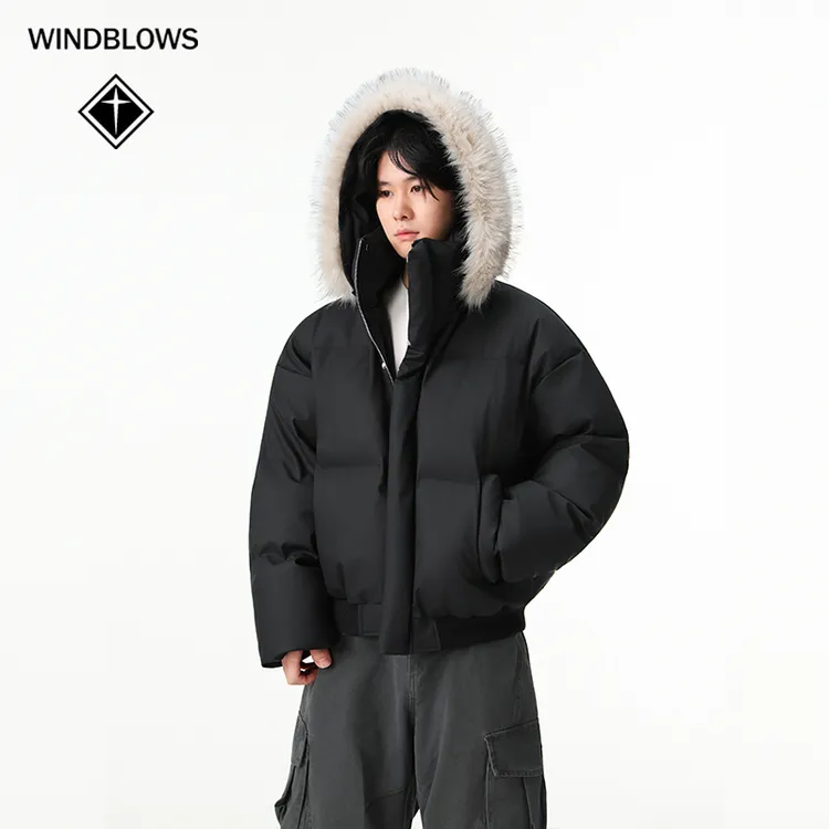 冬季美式高街可拆卸连帽毛领短款立领皮棉服加厚保暖