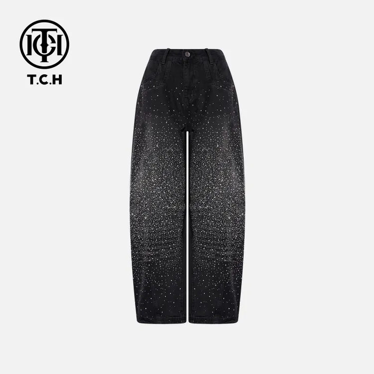 TCH【刘端端同款】冬款百搭时尚烫钻女装弯刀牛仔裤T75D20E1138