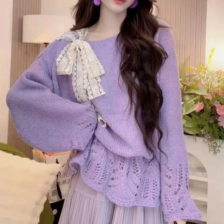 紫色宽松甜美蕾丝蝴蝶结镂空毛衣针织衫新款绑带上衣温柔2025气质