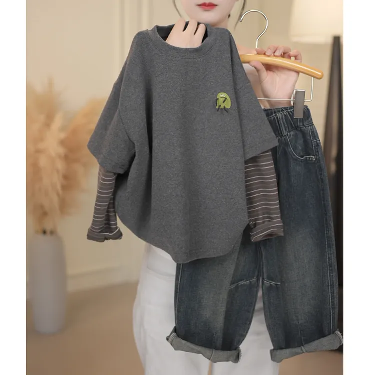 秋冬季新款儿童假两件休闲时尚圆领打底长袖