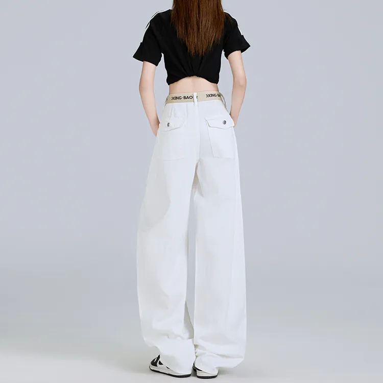 2025新款高腰爆款薄款白色高腰牛仔裤阔腿牛仔裤女米白色女款韩系