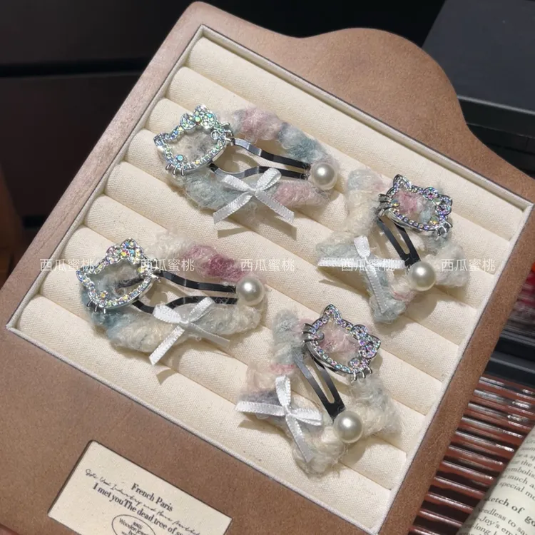 韩系甜美毛绒闪钻KT猫头！蝴蝶结发夹甜美可爱少女心精致发饰BB夹