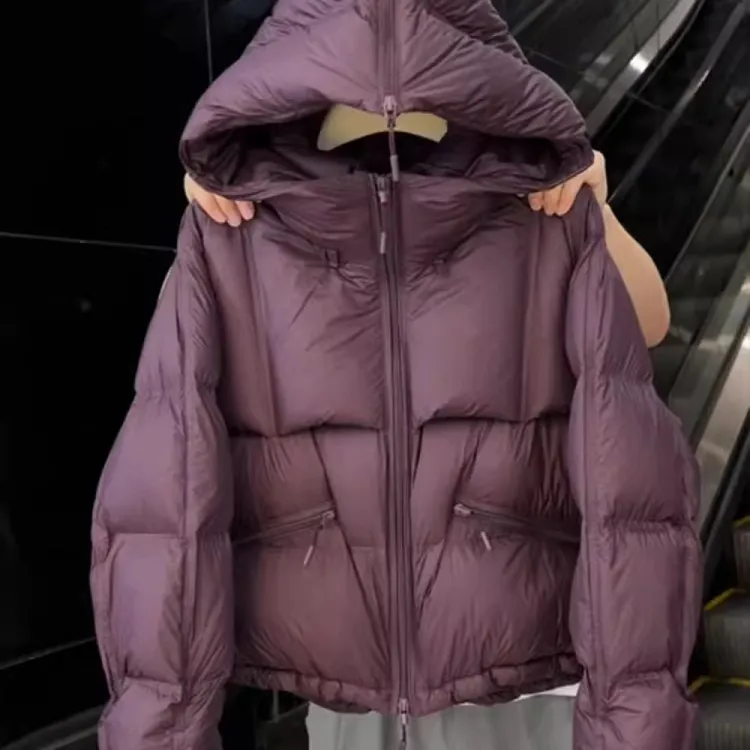 酱紫色短款连帽拉链棉服外套女冬季韩系高级感轻薄保暖面包服上衣