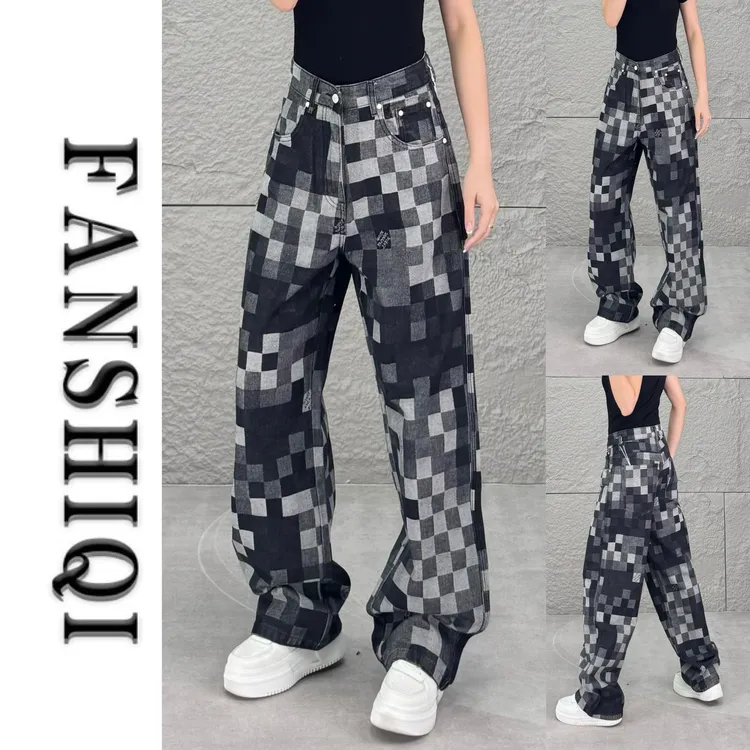 2025秋季新款男士灰色纯棉格子牛仔裤宽松百搭显瘦时尚牛仔裤K11