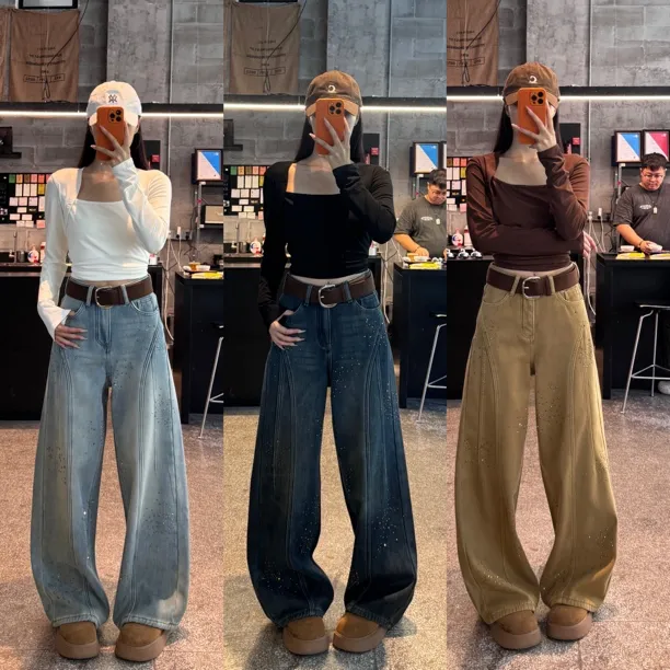 「柳丁烫钻」加绒加厚美式复古牛仔裤女款立体压线宽松阔腿拖