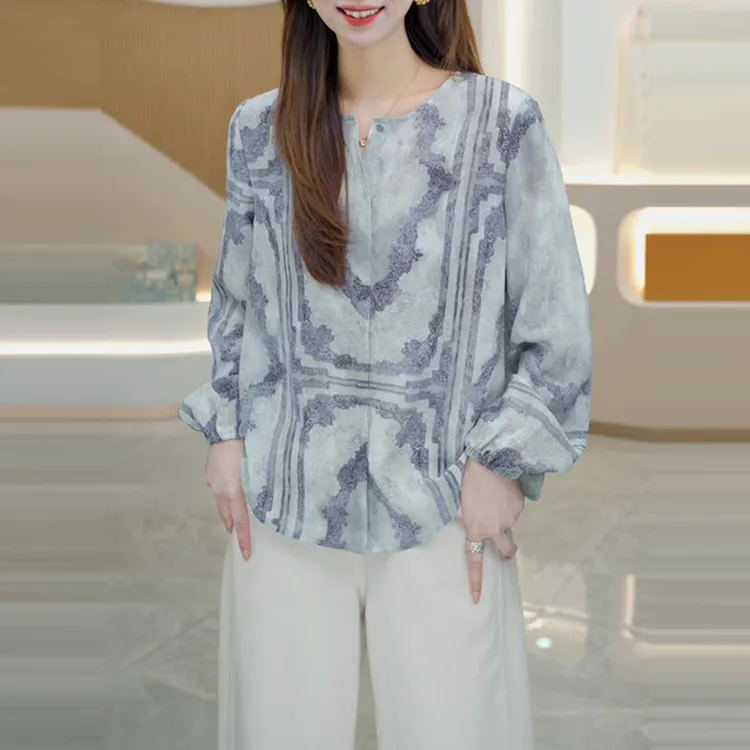 夏季新款气质显瘦休闲印花高级设计感上衣韩版洋气百搭长袖衬衫女