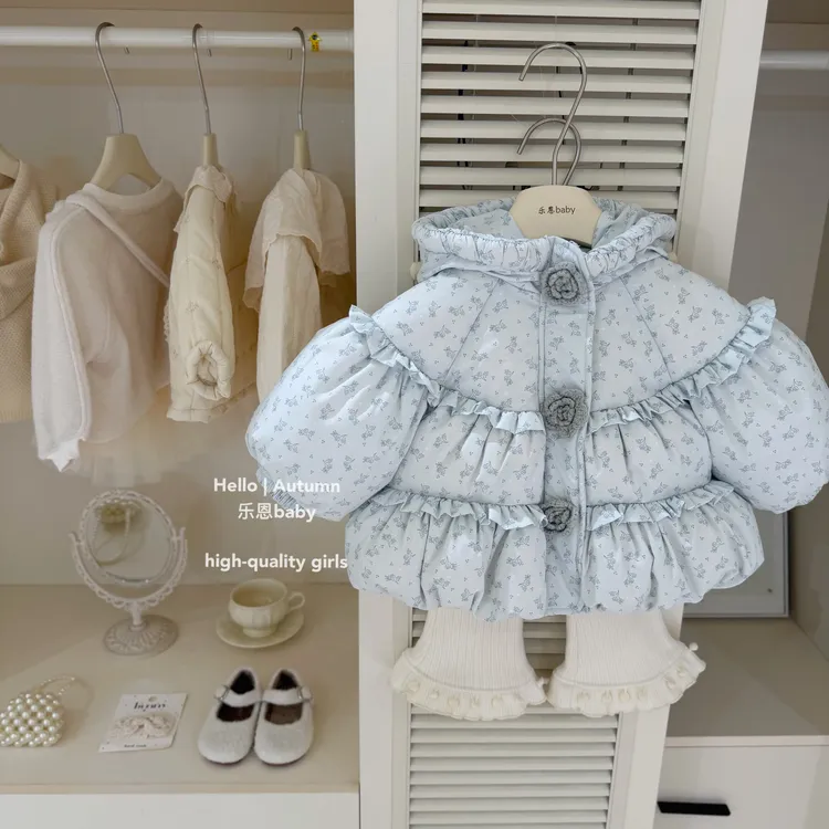 【乐恩童装】原创设计秋冬女童蓝色碎花加厚棉服韩版保暖棉袄外套