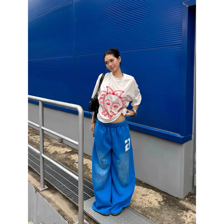 F383 美式复古蓝色阔腿裤男女宽松垂感休闲长裤抽绳渐变弯刀卫裤