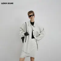LEDIM WANG白标/高智感茧型皮质衬衫女2025冬季新款白色宽松上衣