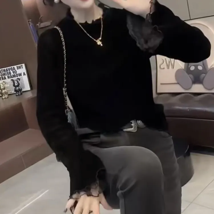 女丝绒蕾丝长袖欧式立体装饰常规T恤半高领时尚显瘦秋冬