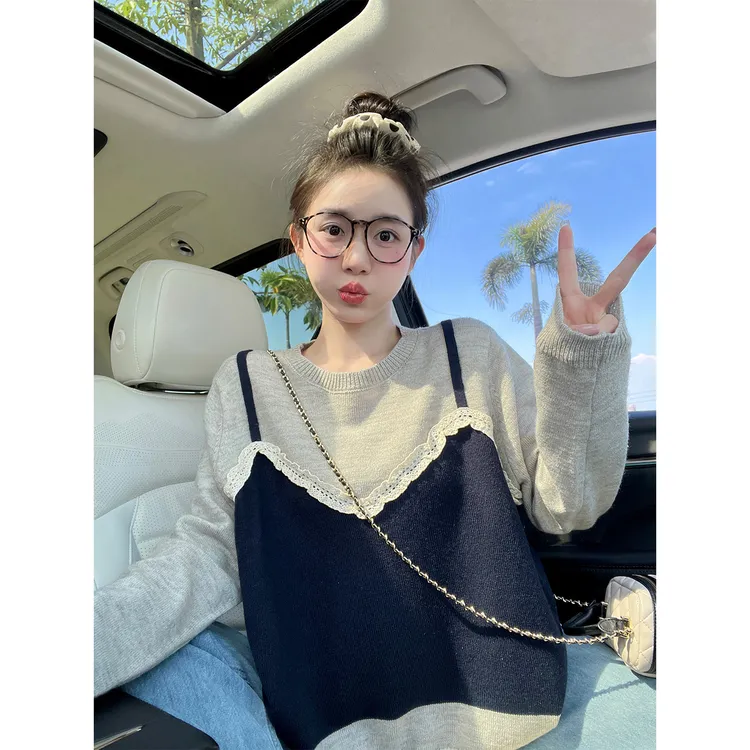 韩系假两件吊带拼接长袖针织衫女秋季2025新款设计感宽松休闲毛衣