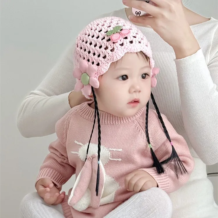 宝宝帽子秋冬保暖可爱超萌婴儿护耳帽女童假发辫子公主毛线套头帽