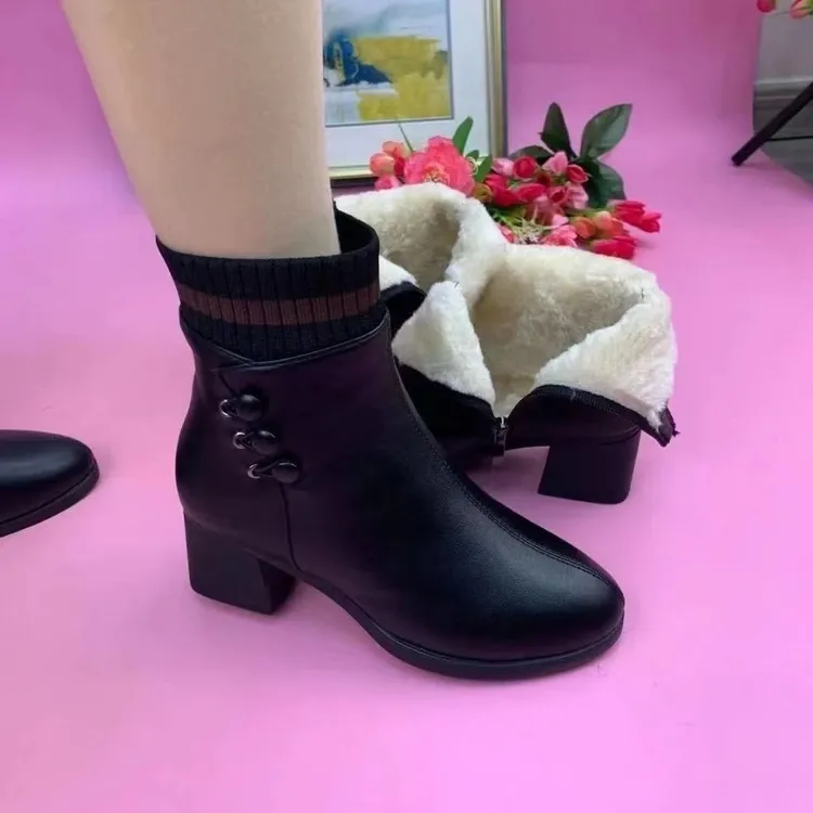 新款冬季加厚保暖圆头时尚百搭舒适中跟软底方根中老年妈妈鞋商品图