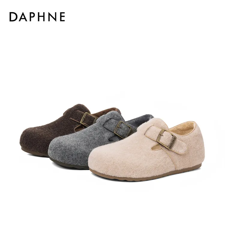 达芙妮冬季加绒保暖勃肯鞋复古金属扣饰平底鞋舒适软底一脚蹬女鞋