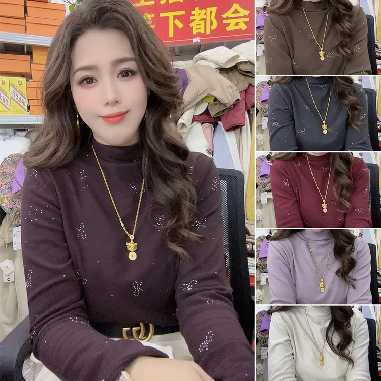 高奢定制~双面慕斯蝴蝶结烫钻半高领百搭长袖！