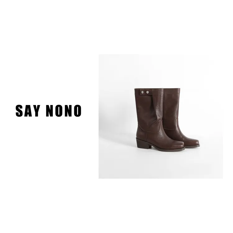 Say nono 复古风擦色极简主义荔枝纹牛皮短筒粗跟时装靴5cm