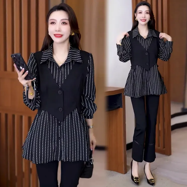 时尚衬衫女2025秋季新款洋气显瘦百搭假两件长袖上衣设计感衬衣潮