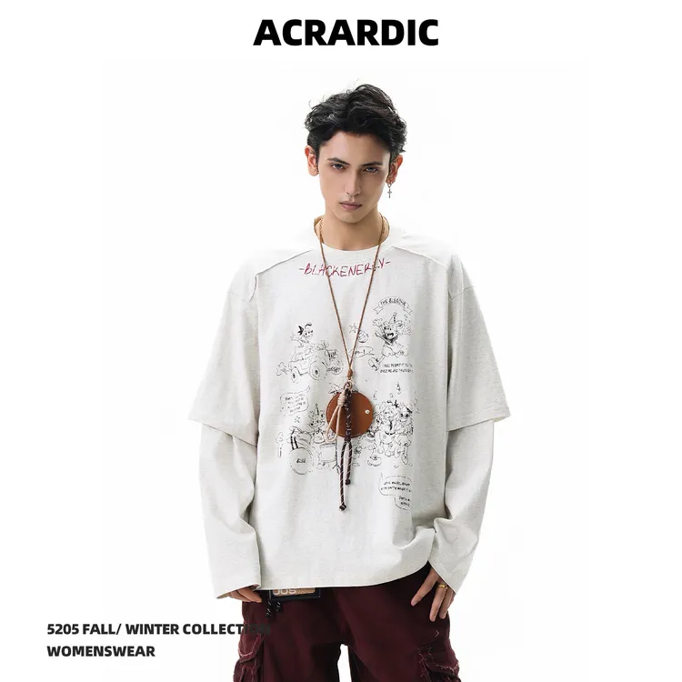 ACRARDIC美式卡通印花假两件圆领卫衣男街头复古休闲叠穿套头上衣