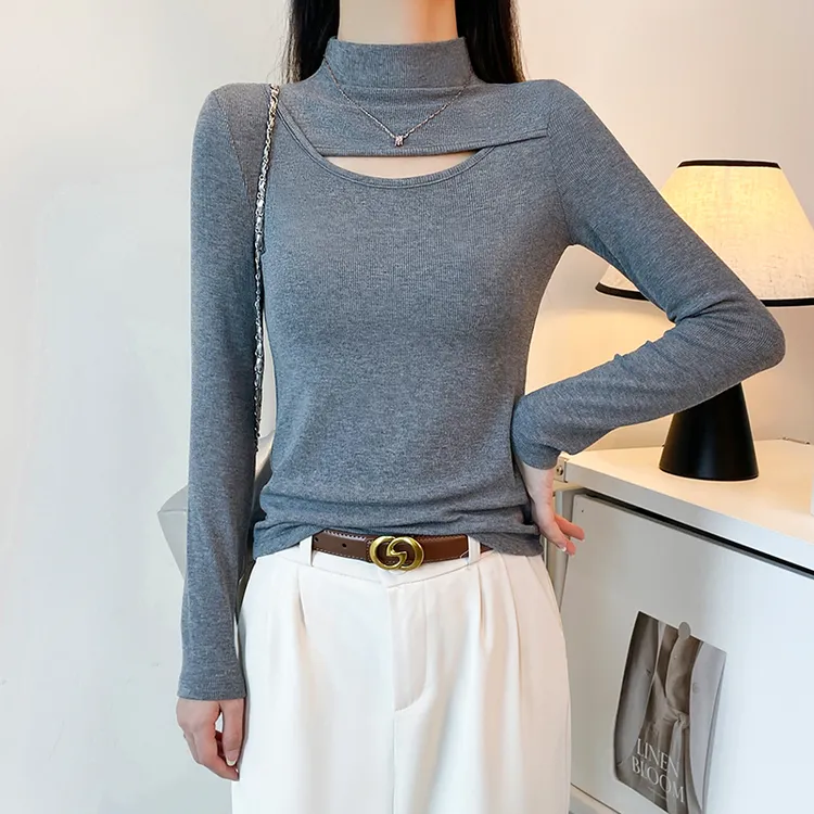 春秋螺纹半高领镂空长袖t恤女新款修身内搭设计感显瘦打底衫上衣