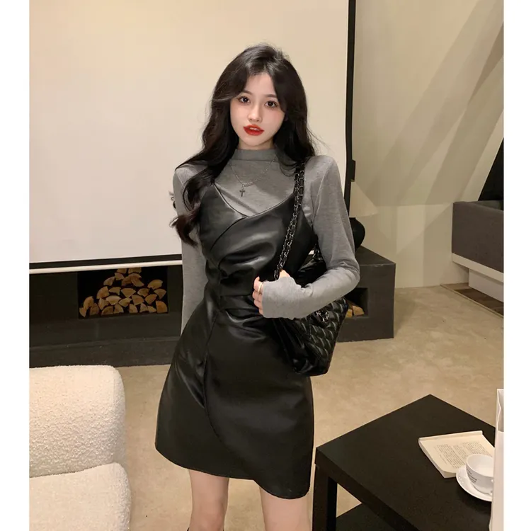 大码女装2025春秋新款法式打底吊带连衣裙女胖MM高级感气质皮裙