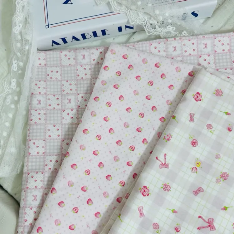 纯棉布料草莓波点用于手工diy服装床品面料多巴胺色格子蝴蝶结