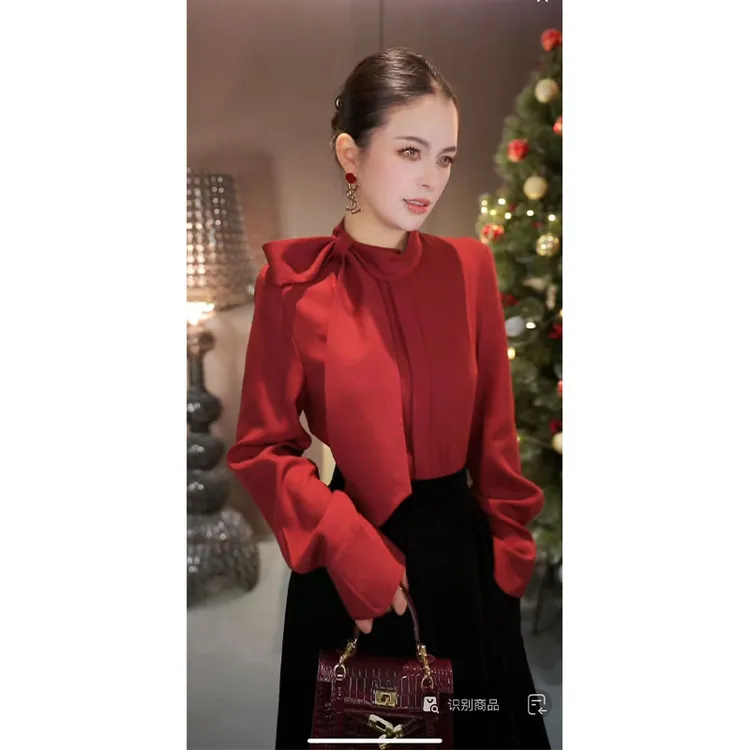 圆领飘带蝴蝶结拼接长袖衬衫CS31547