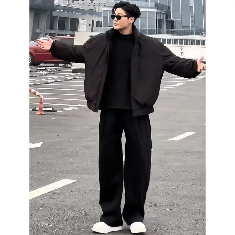 黑色美式弯刀卫裤男款春秋季垂感重磅直筒阔腿裤宽松运动休闲长裤