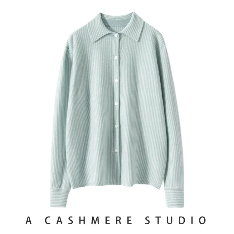 新款12针平面竖条秋冬翻领休闲纯色衬衣羊绒开衫外套羊绒衫打底