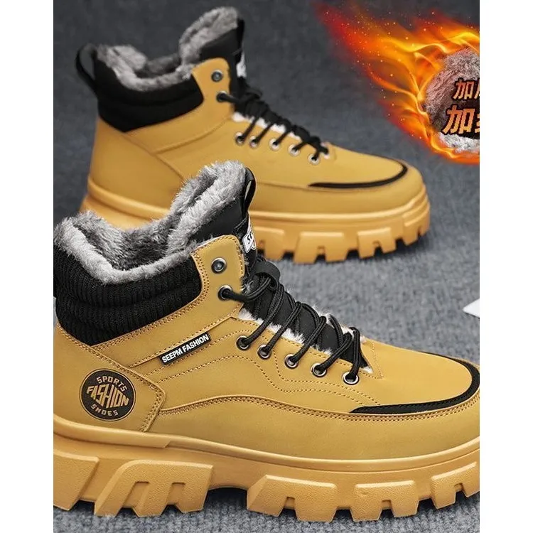 【正品】啄木鸟马丁靴男秋冬高帮英伦风工装大黄靴男士加绒棉鞋厚底