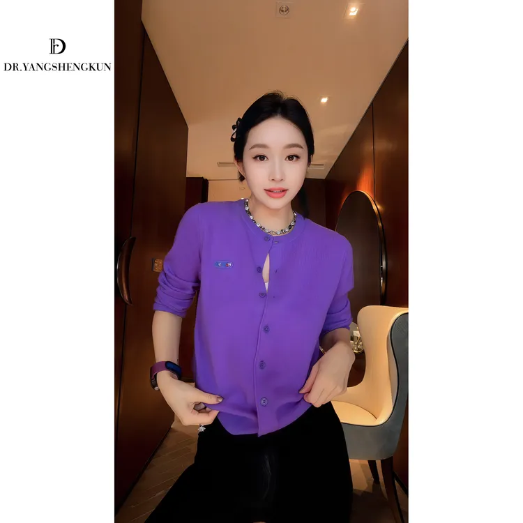 杨圣坤2025新品100%山羊绒纯色圆领单排扣侧绣花针织开衫S8259204