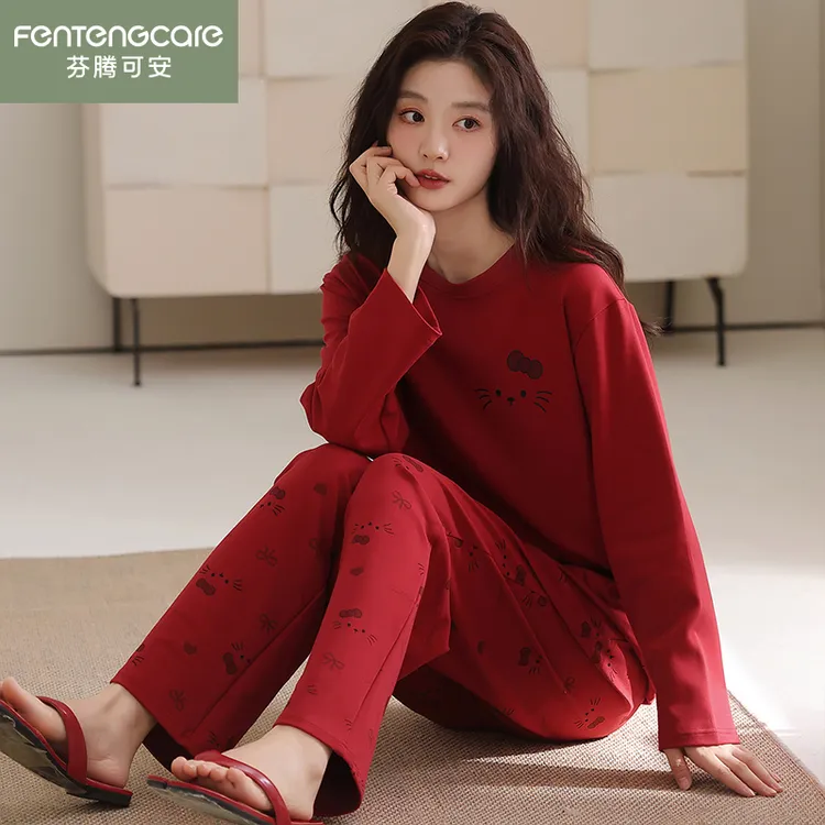 芬腾可安睡衣秋女2025新款冬季长袖红色纯棉加厚可爱蝴蝶结家居服