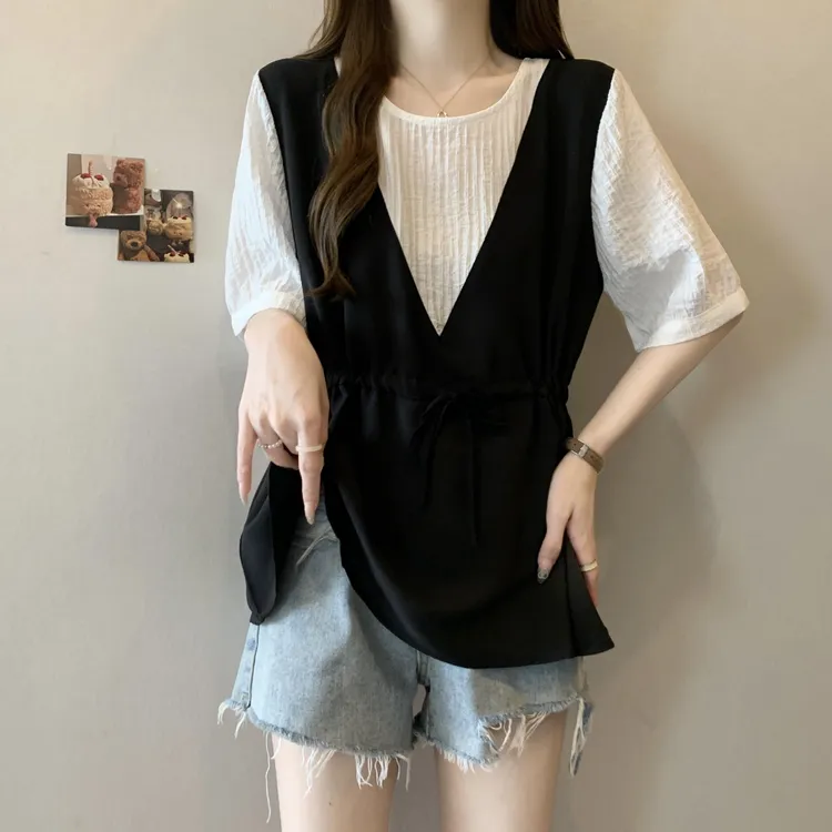 大码女装正肩设计感假两件短袖衬衫胖妹妹显瘦抽绳收腰遮肚子上衣