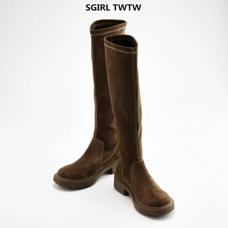 SGIRL TWTW2025年秋季新款绒面透气厚底长筒靴复古骑士靴高筒靴女