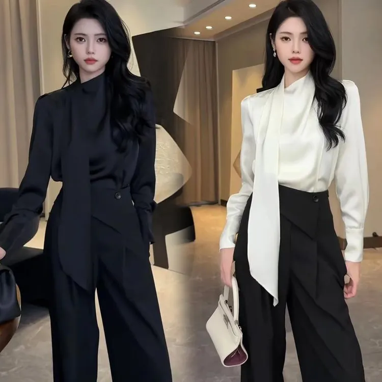 2025春季新款韩版时尚气质长袖缎面衬衫上衣女搭高腰阔腿裤两件套
