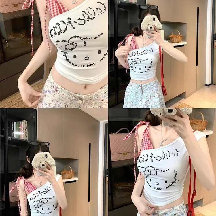 甜辣妹kitty红格子拼接短袖露肩女夏季设计感斜肩短款无袖上衣
