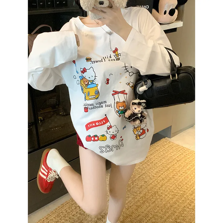 白色可爱kitty圆领长袖T恤女秋季新款打底衫甜美宽松单件睡衣上衣