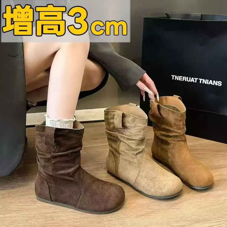 【隐形增高3cm】复古勃肯短靴女2025新款秋磨砂慵懒风美拉德堆堆靴